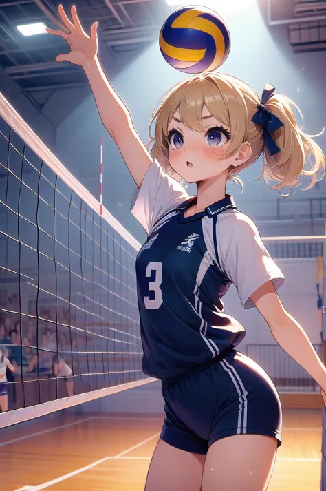 (((masterpiece))), (((highest quality))), ((volleyball)), (volleyballユニフォーム),  crowd, stadium, small breasts, ribbon, blonde twi...