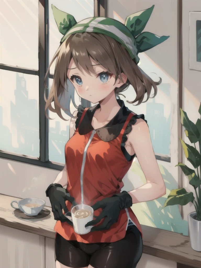 Anime style illustrations, (masterpiece, Highest quality),  Intricate details,
One Girl,     May, shirt, bike Shorts, bandana, red shirt, hair band, Medium Hair, gloves, Shorts, bow hair band, Sleeveless, red bandana, (Lactating in Cup:1.1), (tiny chest:1.3)