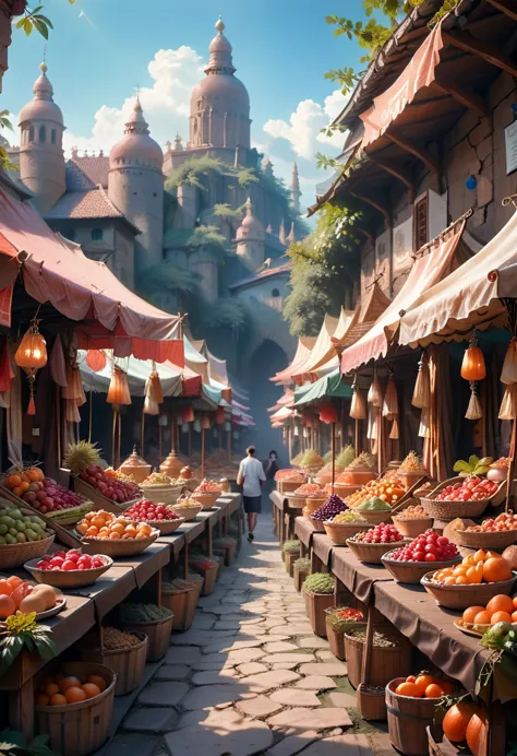 facade, front, open, fruit market in a new style, renpi, big environment, no people, one place, anime, landscape, horizontal vie...