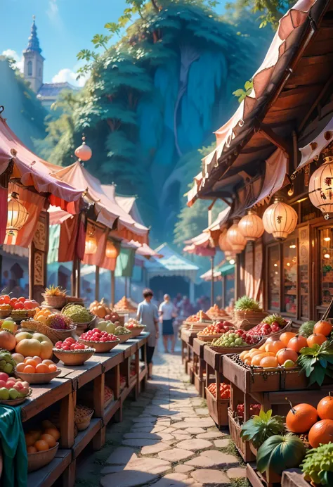 facade, front, open, fruit market in a new style, renpi, big environment, no people, one place, anime, landscape, horizontal vie...