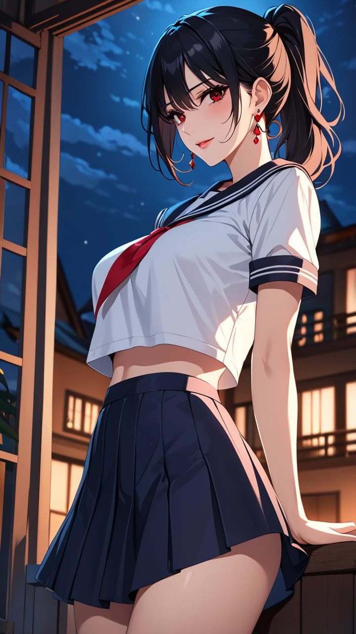 Highest quality　masterpiece　High resolution　masterpiece　Black hair　　Red sharp Eyes, high pony tail cut, seductive smile, tight, outside, night, mature female, earrings wearing sailor uniform, skirt, nightmare, seducing, midriff