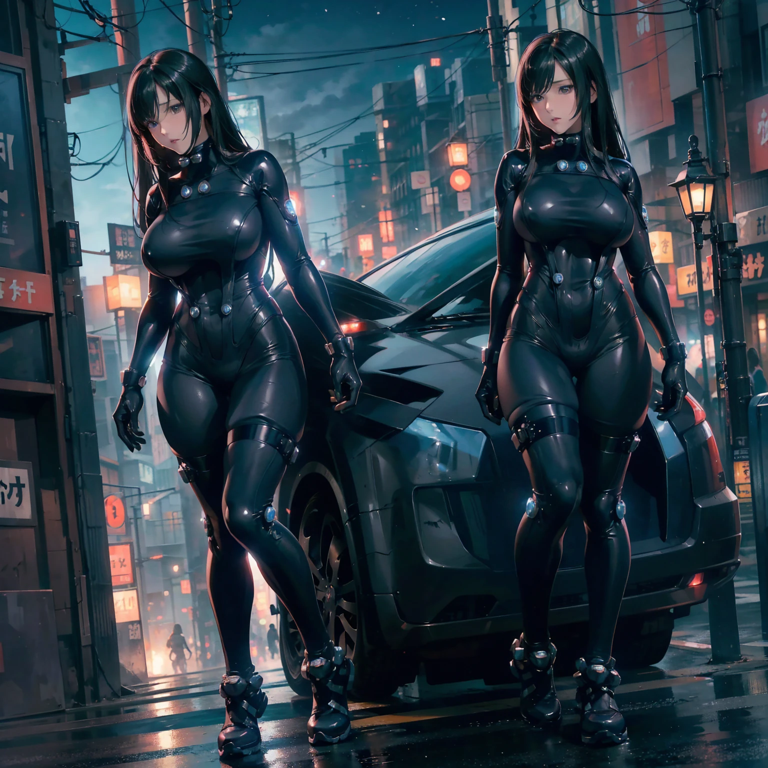 Reika Shimohira、Gantz、Reika Shimohira、beautiful face、1 girl、big breasts、elegant adult woman、beautiful woman、GANTZ、outstanding style、No exposure、full body suit、full body fit suit、luster、night、city、open the thighs