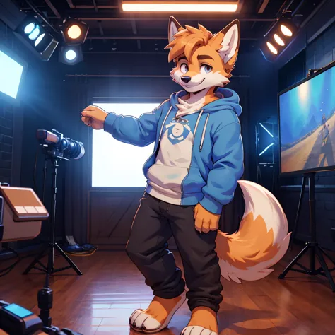 (coffeesoda:1.1), tails the fox but is a dog, dog boy, cowboy pose, wearing a blue hoodie, looking at viewer, smile, in a filmin...