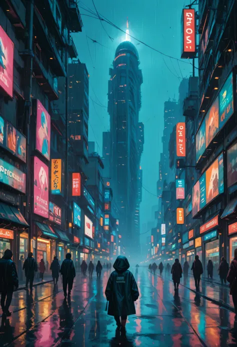 futiristic world, flying ships, cyberpunk style city, neon lights, giant advertising signs, rain, at night, zoomed image, from a...