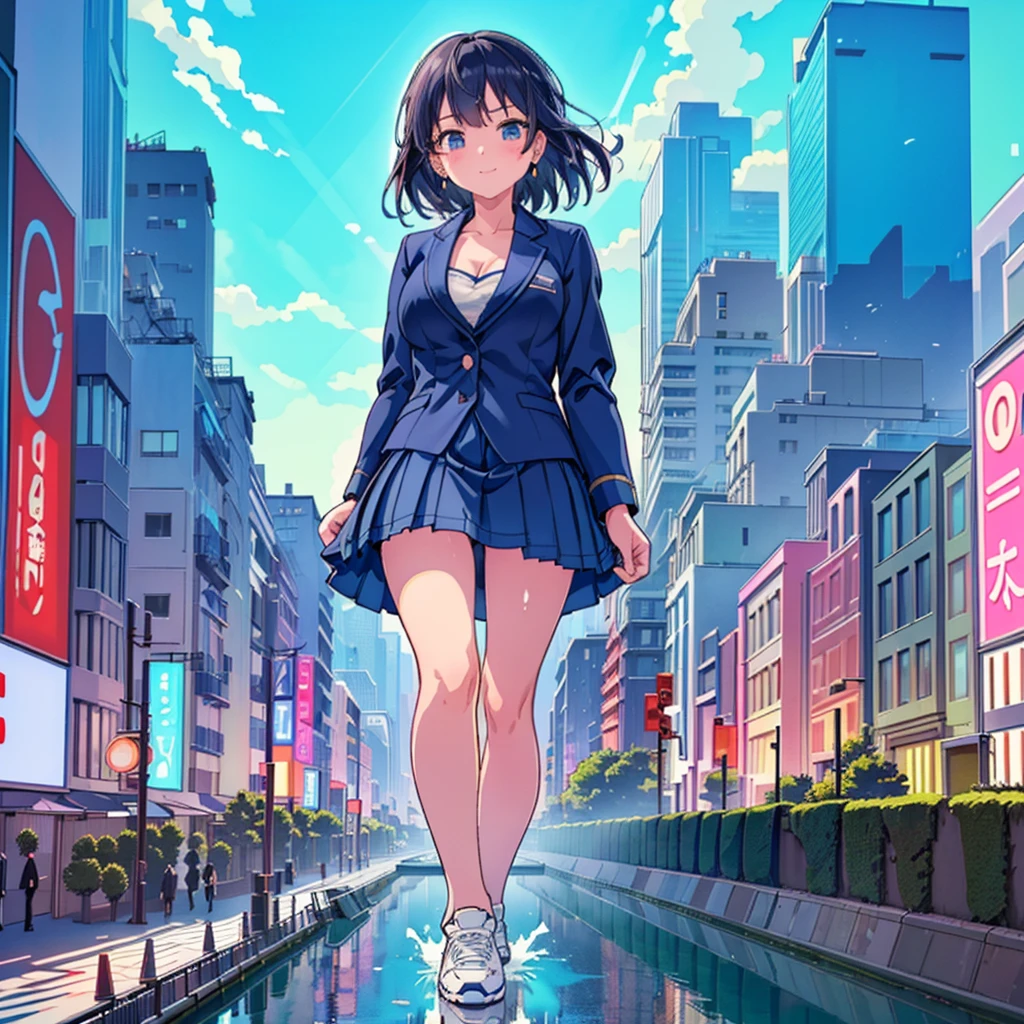 Composition seen from below Blue sky, thunderclouds, sunlight, masterpiece Anime style delicate painting 4K 90's Huge Multiple crowds Crowd in a big city Many people ((Giant high school girl standing in the valley of skyscrapers))  ((((Giant high school girl walking in an urban valley))) ((Dark blue blazer school uniform))　Big city, Tokyo Akihabara Electric Town, Big Breasts, High School Girl,Transparent Costume, Lots of Sweat, Splashes of Water, Sneakers, Watch, Black Hair, Smile, Female Titan Giant Girl Full Body Crowd Unreal Engine, Cleavage, picture, earrings,cute picture, beauty, analog style, whole body, sneakers,GTS, Giantess Female Giant, huge high school girl in the valley between buildings, skyscraper area, big city,