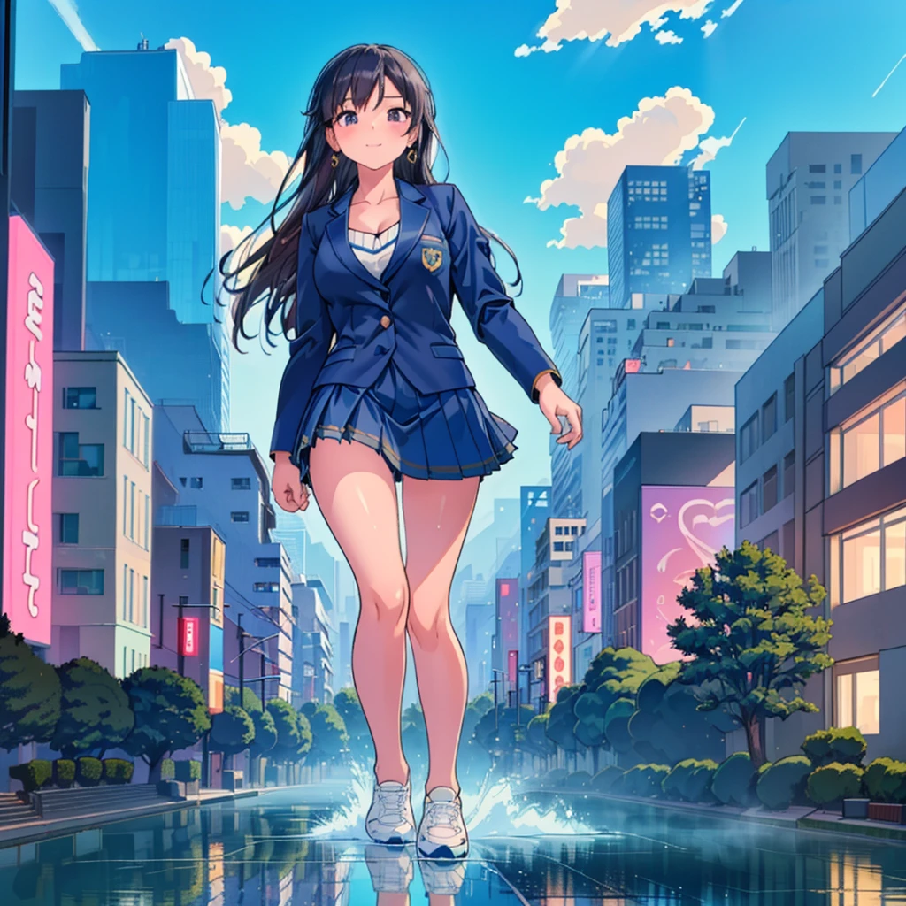 Composition seen from below Blue sky, thunderclouds, sunlight, masterpiece Anime style delicate painting 4K 90's Huge Multiple crowds Crowd in a big city Many people ((Giant high school girl standing in the valley of skyscrapers))  ((((Giant high school girl walking in an urban valley))) ((Dark blue blazer school uniform))　Big city, Tokyo Akihabara Electric Town, Big Breasts, High School Girl,Transparent Costume, Lots of Sweat, Splashes of Water, Sneakers, Watch, Black Hair, Smile, Female Titan Giant Girl Full Body Crowd Unreal Engine, Cleavage, picture, earrings,cute picture, beauty, analog style, whole body, sneakers,GTS, Giantess Female Giant, huge high school girl in the valley between buildings, skyscraper area, big city,