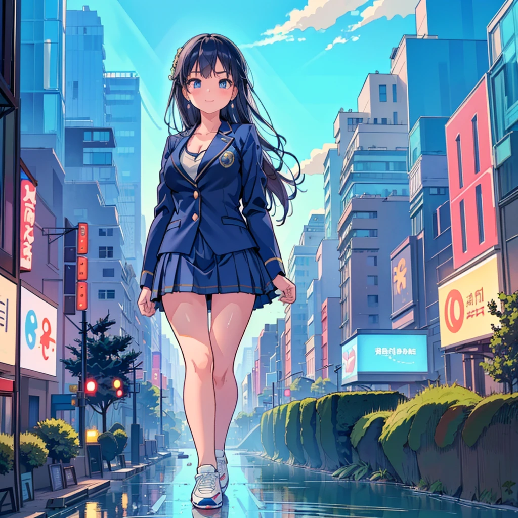 Composition seen from below Blue sky, thunderclouds, sunlight, masterpiece Anime style delicate painting 4K 90's Huge Multiple crowds Crowd in a big city Many people ((Giant high school girl standing in the valley of skyscrapers))  ((((Giant high school girl walking in an urban valley))) ((Dark blue blazer school uniform))　Big city, Tokyo Akihabara Electric Town, Big Breasts, High School Girl,Transparent Costume, Lots of Sweat, Splashes of Water, Sneakers, Watch, Black Hair, Smile, Female Titan Giant Girl Full Body Crowd Unreal Engine, Cleavage, picture, earrings,cute picture, beauty, analog style, whole body, sneakers,GTS, Giantess Female Giant, huge high school girl in the valley between buildings, skyscraper area, big city,