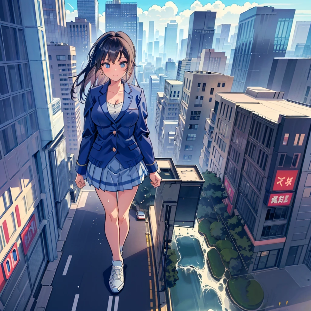 Composition seen from below Blue sky, thunderclouds, sunlight, masterpiece Anime style delicate painting 4K 90's Huge Multiple crowds Crowd in a big city Many people ((Giant high school girl standing in the valley of skyscrapers))  ((((Giant high school girl walking in an urban valley))) ((Dark blue blazer school uniform))　Big city, Tokyo Akihabara Electric Town, Big Breasts, High School Girl,Transparent Costume, Lots of Sweat, Splashes of Water, Sneakers, Watch, Black Hair, Smile, Female Titan Giant Girl Full Body Crowd Unreal Engine, Cleavage, picture, earrings,cute picture, beauty, analog style, whole body, sneakers,GTS, Giantess Female Giant, huge high school girl in the valley between buildings, skyscraper area, big city,