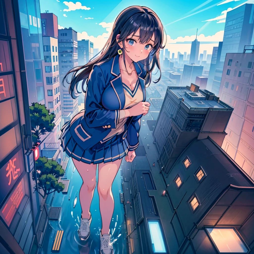 Composition seen from below Blue sky, thunderclouds, sunlight, masterpiece Anime style delicate painting 4K 90's Huge Multiple crowds Crowd in a big city Many people ((Giant high school girl standing in the valley of skyscrapers))  ((((Giant high school girl walking in an urban valley))) ((Dark blue blazer school uniform))　Big city, Tokyo Akihabara Electric Town, Big Breasts, High School Girl,Transparent Costume, Lots of Sweat, Splashes of Water, Sneakers, Watch, Black Hair, Smile, Female Titan Giant Girl Full Body Crowd Unreal Engine, Cleavage, picture, earrings,cute picture, beauty, analog style, whole body, sneakers,GTS, Giantess Female Giant, huge high school girl in the valley between buildings, skyscraper area, big city,