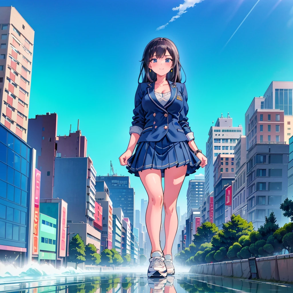 Composition seen from below Blue sky, thunderclouds, sunlight, masterpiece Anime style delicate painting 4K 90's Huge Multiple crowds Crowd in a big city Many people ((Giant high school girl standing in the valley of skyscrapers))  ((((Giant high school girl walking in an urban valley))) ((Dark blue blazer school uniform))　Big city, Tokyo Akihabara Electric Town, Big Breasts, High School Girl,Transparent Costume, Lots of Sweat, Splashes of Water, Sneakers, Watch, Black Hair, Smile, Female Titan Giant Girl Full Body Crowd Unreal Engine, Cleavage, picture, earrings,cute picture, beauty, analog style, whole body, sneakers,GTS, Giantess Female Giant, huge high school girl in the valley between buildings, skyscraper area, big city,