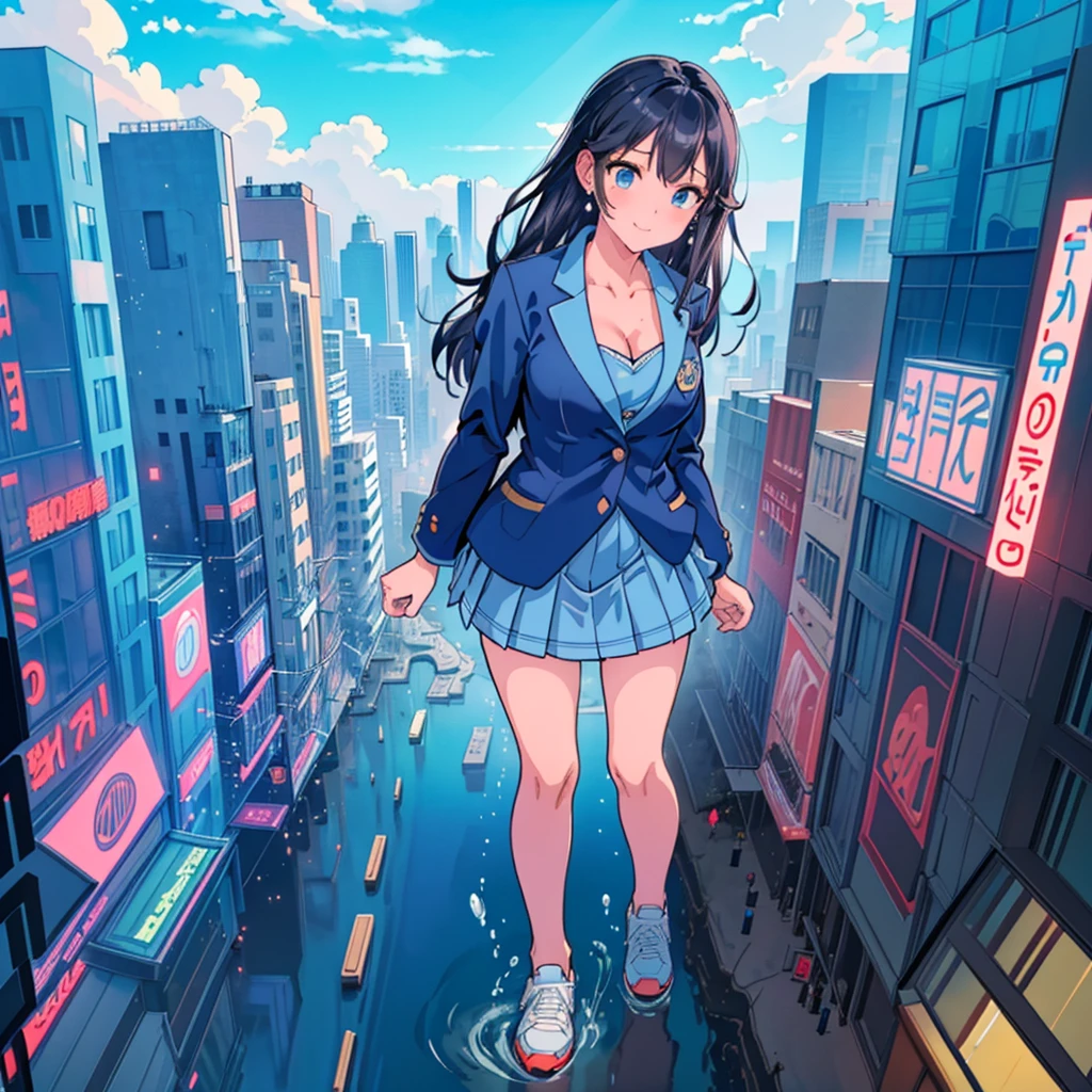 Composition seen from below Blue sky, thunderclouds, sunlight, masterpiece Anime style delicate painting 4K 90's Huge Multiple crowds Crowd in a big city Many people ((Giant high school girl standing in the valley of skyscrapers))  ((((Giant high school girl walking in an urban valley))) ((Dark blue blazer school uniform))　Big city, Tokyo Akihabara Electric Town, Big Breasts, High School Girl,Transparent Costume, Lots of Sweat, Splashes of Water, Sneakers, Watch, Black Hair, Smile, Female Titan Giant Girl Full Body Crowd Unreal Engine, Cleavage, picture, earrings,cute picture, beauty, analog style, whole body, sneakers,GTS, Giantess Female Giant, huge high school girl in the valley between buildings, skyscraper area, big city,