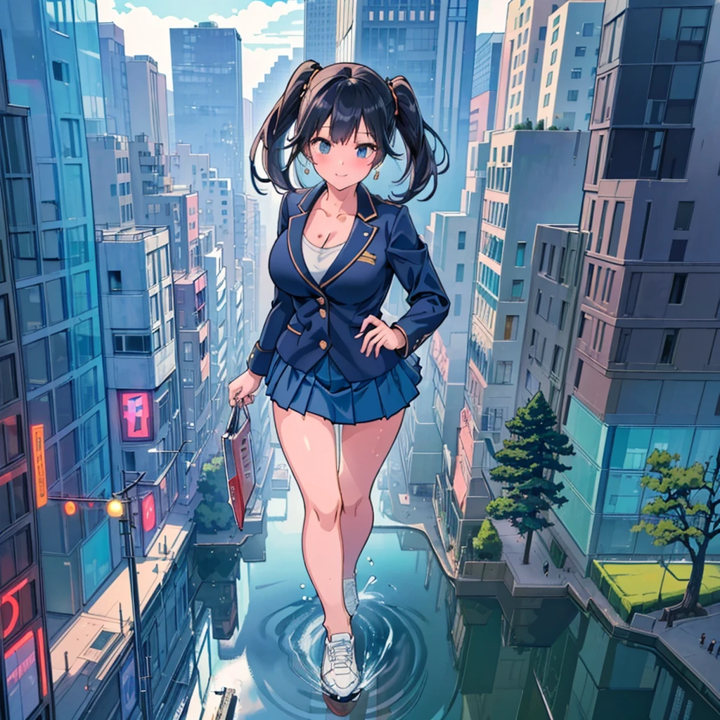 Composition seen from below Blue sky, thunderclouds, sunlight, masterpiece Anime style delicate painting 4K 90's Huge Multiple crowds Crowd in a big city Many people ((Giant high school girl standing in the valley of skyscrapers))  ((((Giant high school girl walking in an urban valley))) ((Dark blue blazer school uniform))　Big city, Tokyo Akihabara Electric Town, Big Breasts, High School Girl,Transparent Costume, Lots of Sweat, Splashes of Water, Sneakers, Watch, Black Hair, Smile, Female Titan Giant Girl Full Body Crowd Unreal Engine, Cleavage, picture, earrings,cute picture, beauty, analog style, whole body, sneakers,GTS, Giantess Female Giant, huge high school girl in the valley between buildings, skyscraper area, big city,