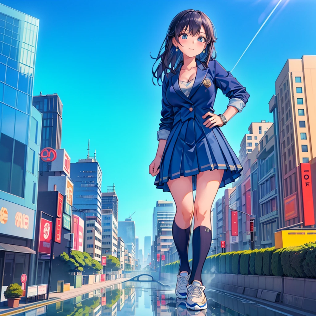 Composition seen from below Blue sky, thunderclouds, sunlight, masterpiece Anime style delicate painting 4K 90's Huge Multiple crowds Crowd in a big city Many people ((Giant high school girl standing in the valley of skyscrapers))  ((((Giant high school girl walking in an urban valley))) ((Dark blue blazer school uniform))　Big city, Tokyo Akihabara Electric Town, Big Breasts, High School Girl,Transparent Costume, Lots of Sweat, Splashes of Water, Sneakers, Watch, Black Hair, Smile, Female Titan Giant Girl Full Body Crowd Unreal Engine, Cleavage, picture, earrings,cute picture, beauty, analog style, whole body, sneakers,GTS, Giantess Female Giant, huge high school girl in the valley between buildings, skyscraper area, big city,