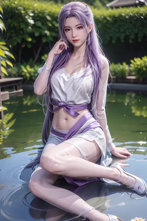 chinese purple cheongsam，long legs，in the bedroom，full-body shot，wear purple high heels，lying in the water，wet hair，clothes are ...