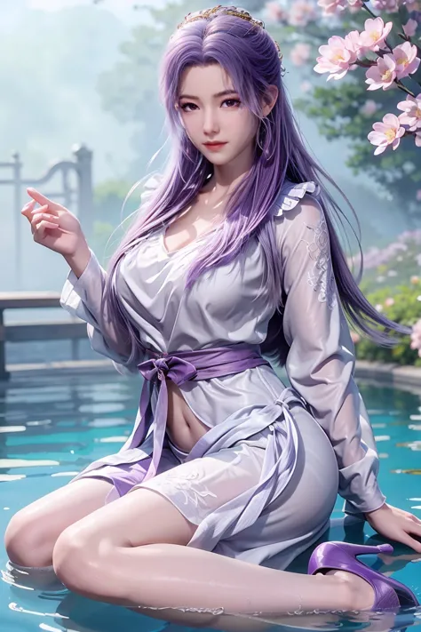 chinese purple cheongsam，long legs，in the bedroom，full-body shot，wear purple high heels，lying in the water，wet hair，clothes are ...