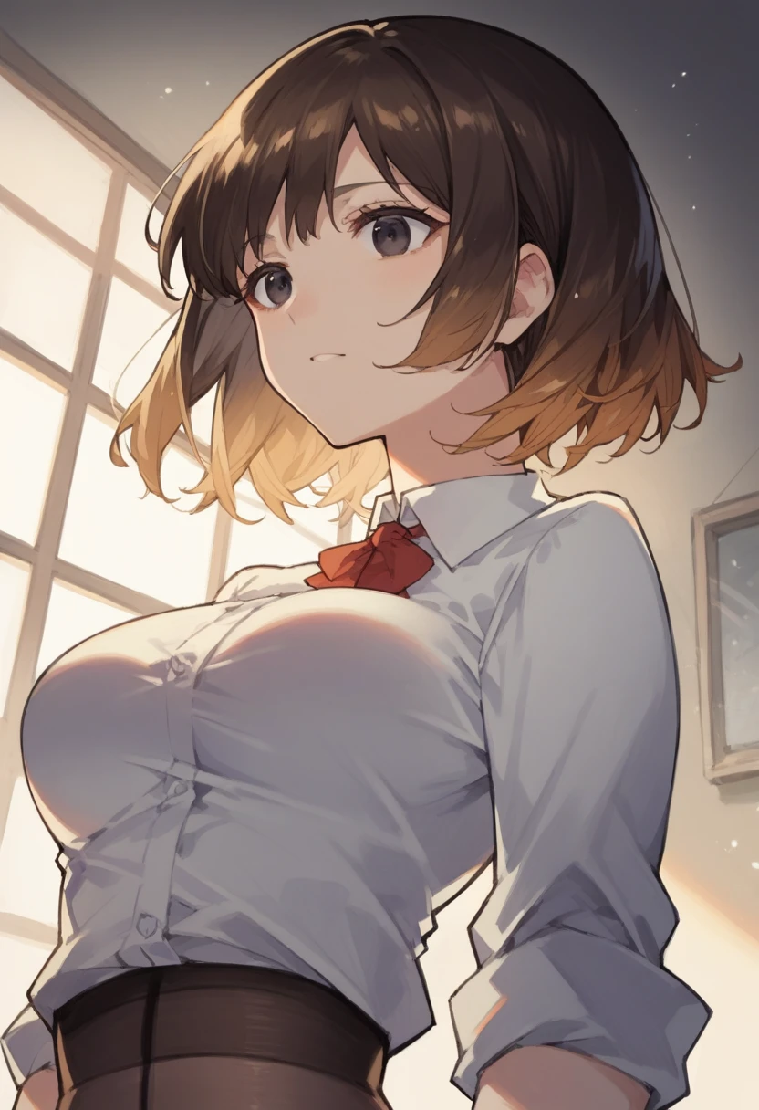 score_9, score_8_up, score_7_up, source_anime, 1girl, black eyes, room, wariza, medium hair, bob haircut, dark brown hair, gradient hair, portrait, solo, Adult woman, best perfect anatomy, thin, curvy body, medium breasts, curvy body, close up shot on person, a woman showing happy, close up shot on person, pov_doorway, a woman showing his hand, mature woman standing poses, wear mouth mask, skirt suit, (((three-piece suit))), necktie, blazer, (((suit jacket))), (((waistcoat))), double-breasted waistcoat, bodycon miniskirt, pencil skirt, tie clip, pocket square, pocket watch, white format gloves, pantyhose, dynamic angle. perfect dynamic composition, foreshortening, dramatic shading, volumetric lighting, hotel room background,