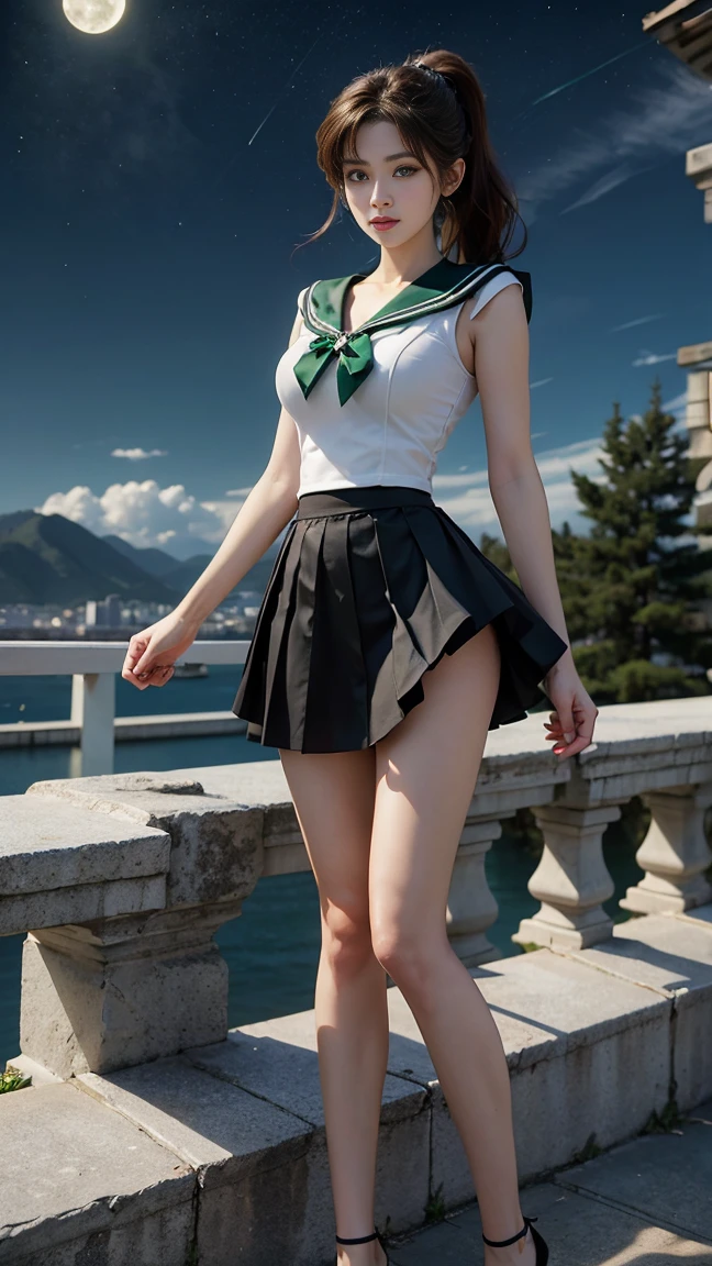 She is tall and has mysterious and beautiful Green Eyes., A planet is visible in the sky, A beautiful young woman，Has long brown hair，Wearing a ponytail, Green Eyes, Height 170cm, Sailor Moon Under the Moon, Sailor Jupiter, Emerald Jewelry, You can see the scenery from a high place, Height is 172, You are in great shape., I also like sports, He has mysterious Green Eyes. The skirt must be green, Long legs, Very good body. She has big and beautiful breasts, 