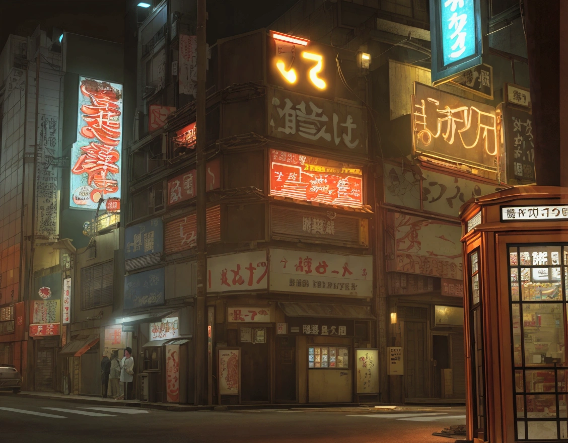 夜晚的京东street，Small shop signboard，Electric pole，Old building，Old signboard，Vertical Sign，street，There are vending machines on the street，Door，New Tokyo Background, Real texture，ue5 render，3D Rendering，Signage