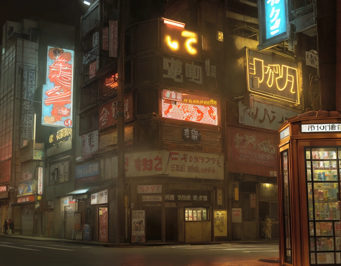 夜晚的京东street，Small shop signboard，Electric pole，Old building，Old signboard，Vertical Sign，street，There are vending machines on the street，Door，New Tokyo Background, Real texture，ue5 render，3D Rendering，Signage