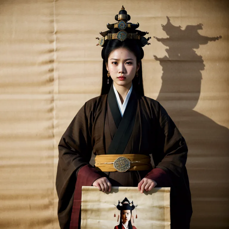 a beautiful young woman with a fierce expression, dressed in the dark brown regalia of a han fu dynasty official, stands holding...