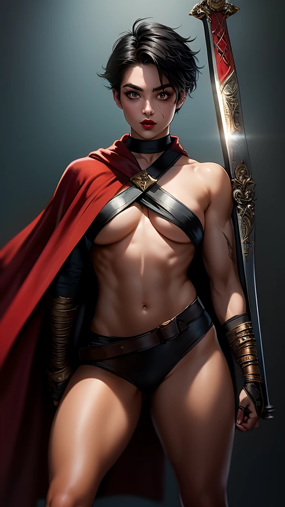 (masterpiece), best quality, expressive eyes, perfect face(masterpiece), best quality, expressive eyes, perfect face, Female warrior, short black hair, scar on left eye, bronze skin, red lips, amber eyes, muscular, wide hips, large breasts, holding a sword, red cape torn shoulder, arm sleeves, belt on legs, steel plate boots, steel plate gauntlets, chocker, breast plate, pussy plate, body scars, standing, greatsword on back, arm armor, leg armor, half naked, shirtless,