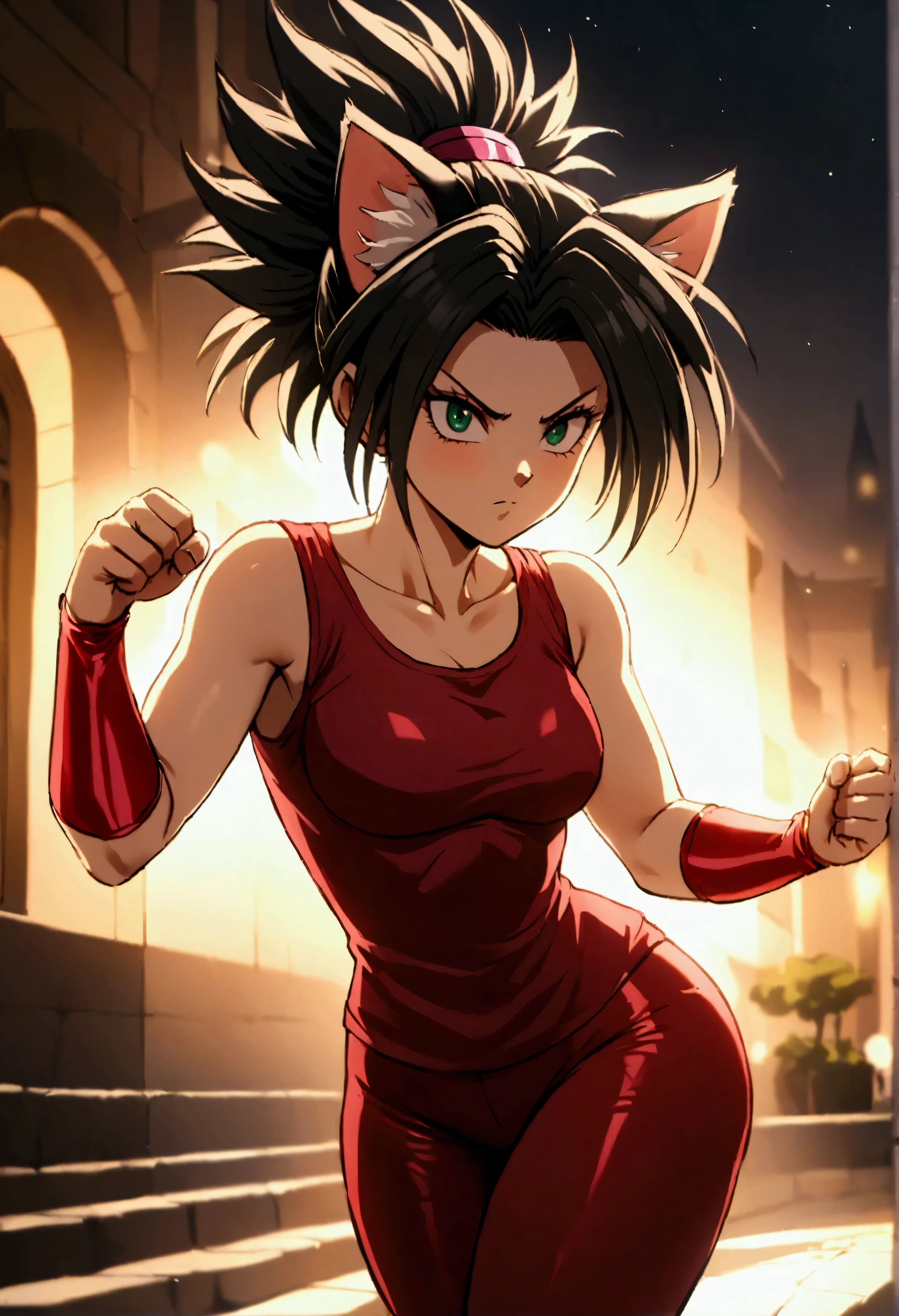 junkotvvxl kefla style with black hair up, cat ears, with red top and leggings, one punch man style