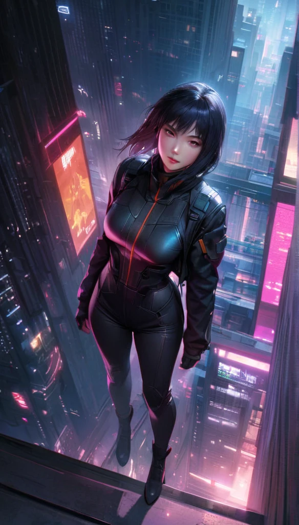 (best quality,highres,ultra-detailed,realistic:1.37), (full body shot:1.1), (high angle shot:1.1), (ohwx woman), Rinko Kikuchi as Motoko Kusanagi from Ghost in the Shell, Motoko jumps backwards with a flip from roof edge of skyscraper, dynamic shot, tall and confident, her face adorned with augmented reality features,The background is urban and futuristic, with towering skyscrapers and neon lights casting a vibrant glow. The lighting is atmospheric, emphasizing the shadows and highlighting the metallic details of the outfit. The overall color tone is cool, with a slight blue tint, giving the scene a futuristic and cyberpunk ambiance, full body shot, jacket, tactical suit