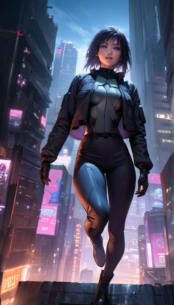 (best quality,highres,ultra-detailed,realistic:1.37), (full body shot:1.1), (high angle shot:1.1), (ohwx woman), Rinko Kikuchi as Motoko Kusanagi from Ghost in the Shell, Motoko jumps backwards with a flip from roof edge of skyscraper, dynamic shot, tall and confident, her face adorned with augmented reality features,The background is urban and futuristic, with towering skyscrapers and neon lights casting a vibrant glow. The lighting is atmospheric, emphasizing the shadows and highlighting the metallic details of the outfit. The overall color tone is cool, with a slight blue tint, giving the scene a futuristic and cyberpunk ambiance, full body shot, jacket, tactical suit