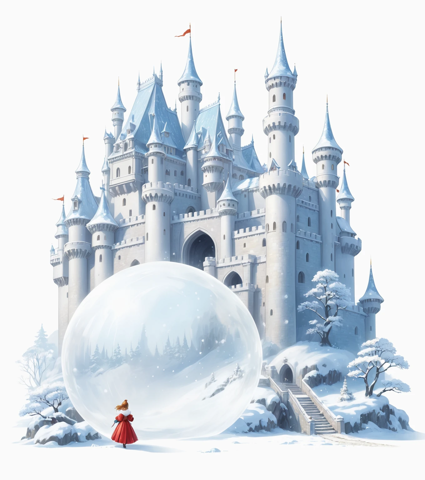 There is a snowball in the foreground，Picture of the castle inside。, Fairy tale style background, fairy-tale illustration style, fairy tale illustration, Palace Background, fairytale illustration, Feiyun Castle, fairy tale illustrations, a beautiful artwork illustration, Milky white palace, Drawn in a whimsical style, whole page illustration, 故事书illustration, illustration!