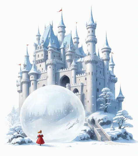 there is a snowball in the foreground，picture of the castle inside。, fairy tale style background, fairy-tale illustration style,...