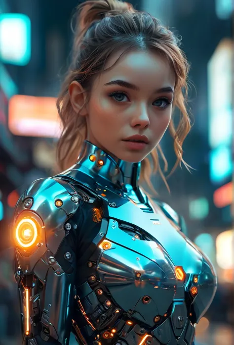 detailed portrait cyberpunk (sks person), futuristic neon reflective wear, sci-fi, robot parts, ismail inceoglu dragan bibin han...