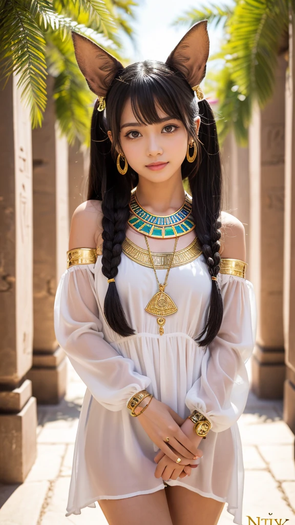 **Prompt:** Create an ultra-realistic 8K resolution image of a moe character that fully embodies and retains the distinct features of Anubis, the ancient Egyptian god of the dead. This character has a warm, golden-brown skin tone that glows subtly, reflecting the ancient Egyptian desert. Her large, shining amber eyes are filled with innocence and curiosity, yet they hold a depth that hints at ancient wisdom, capturing the dual nature of Anubis. nude

Her hair is long, silky, and jet-black, styled into twin tails with golden bands, with cute jackal ears poking through, enhancing her moe appeal. Her face is round and soft, with a small, button nose and a gentle smile that reveals tiny, sharp fangs, adding a playful yet slightly dangerous edge to her adorable appearance. nude

She wears a frilly, pastel-colored outfit that fuses traditional Egyptian attire with modern moe fashion. The dress is adorned with gold and turquoise accents, featuring hieroglyphic patterns that nod to her divine heritage. A small ankh charm hangs from a ribbon tied around her neck, and her accessories include golden bracelets and anklets with intricate designs. nude

The background is a bright, cheerful setting, perhaps a sunlit Egyptian courtyard with blooming flowers and ancient statues, blending the timeless elegance of Anubis with the irresistible charm of a modern moe character. The character exudes both cuteness and an aura of ancient power, making her a captivating and endearing figure. nude