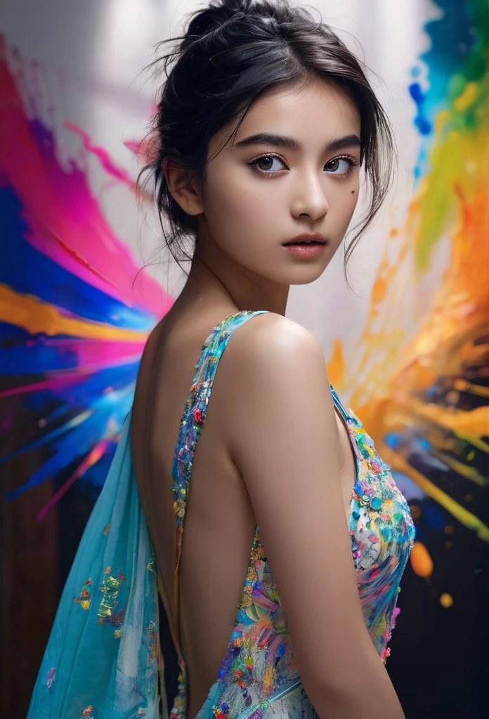 masterpiece, best quality, (extremely detailed CG unity 8k wallpaper, masterpiece, best quality, ultra-detailed, best shadow), (detailed background), (beautiful detailed face, beautiful detailed eyes), High contrast, (best illumination, an extremely delicate and beautiful),1girl,((colourful paint splashes on transparent background, dulux,)), ((caustic)), dynamic angle,beautiful detailed glow,full body,Young beauty spirit