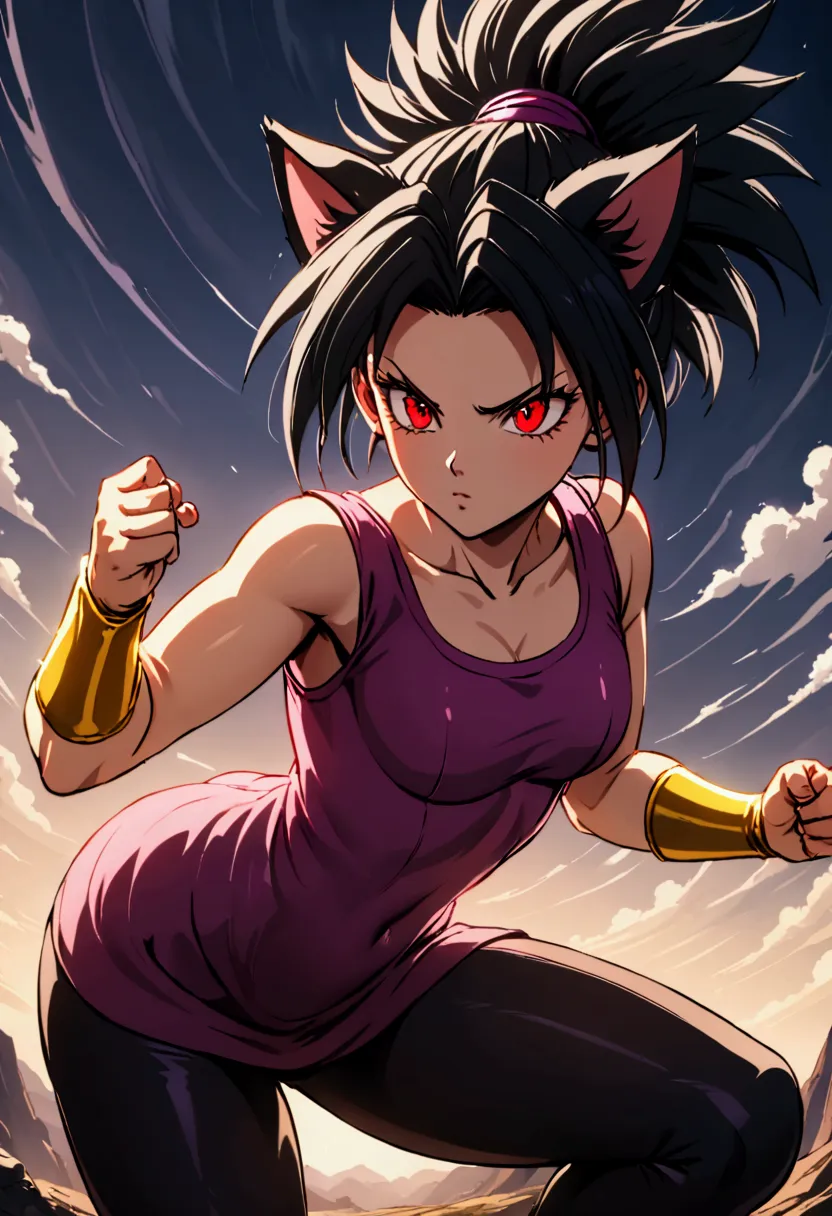 junkotvvxl kefla style with black hair up, cat ears, red eyes, with purple top and leggings, one punch man style