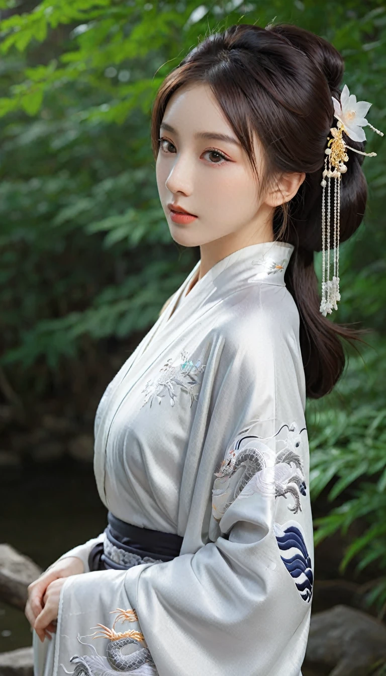 (Beautiful models in Japanese kimono ads), (Solitary), ((The face is 80% Beauty and elegance, 20% Playful:1.5)), (Her), Clear eyes, (Delicate eyes, Light brown eyes, Smart pupils), Double eyelids, (Sexy and slightly thick lips:1.2), Ultra Detailed and incredibly high resolution Kimono, Highly detailed facial texture, Attractive body shape, Full figure、very attractive woman, High-resolution RAW color photos Professional photos, rest ultra high-resolution textures, High resolution body rendering, big eyes, An unrivalled masterpiece, Incredibly high resolution, Ultra Detailed, Amazing ceramic skin, rest (Wearing a sparkling limpa flow silver kimono，There are many colors of Limpa Silver), (The main color is Rinpa shiny silver, Black to silver gradient from hem to collar), (Meticulously crafted classic Japanese shiny silver kimono), ((The embroidery pattern is a Japanese dragon, cloud, Mountains, and rivers)), (A belt that matches this kimono), ((shiny silver kimono，With delicate and elegant embroidery)), (The background is a night view，Light snow falling) rest ((best quality, 8k)), Clear focus:1.2, (Layer cutting, Large target:1.2), (Beautiful Women in Perfect Shape:1.4), (Beautiful figure，Full breasts:1.3), Slim waist, (The right hand shape:1.5), (full-body shot | Cowboy shooting | Rear view)