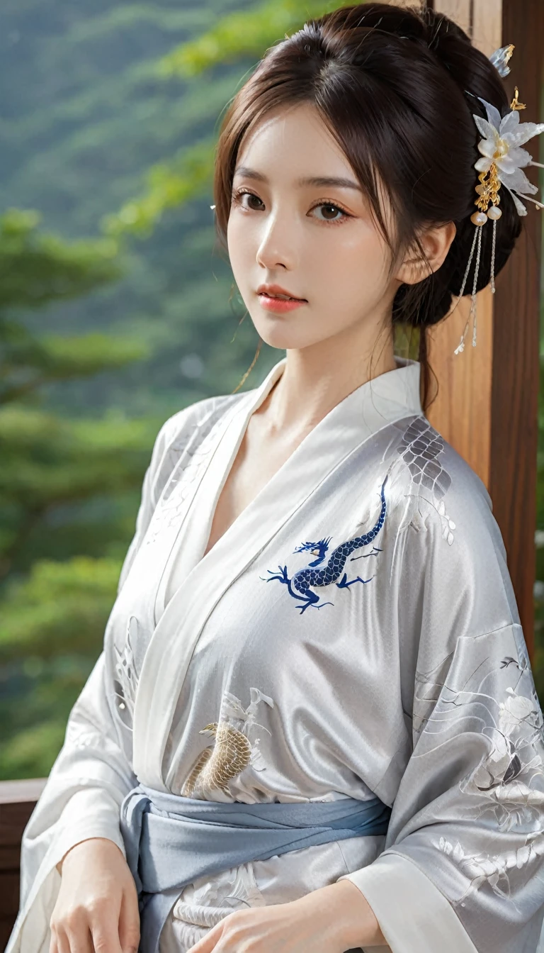 (Beautiful models in Japanese kimono ads), (Solitary), ((The face is 80% Beauty and elegance, 20% Playful:1.5)), (Her), Clear eyes, (Delicate eyes, Light brown eyes, Smart pupils), Double eyelids, (Sexy and slightly thick lips:1.2), Ultra Detailed and incredibly high resolution Kimono, Highly detailed facial texture, Attractive body shape, Full figure、very attractive woman, High-resolution RAW color photos Professional photos, rest ultra high-resolution textures, High resolution body rendering, big eyes, An unrivalled masterpiece, Incredibly high resolution, Ultra Detailed, Amazing ceramic skin, rest (Wearing a sparkling limpa flow silver kimono，There are many colors of Limpa Silver), (The main color is Rinpa shiny silver, Black to silver gradient from hem to collar), (Meticulously crafted classic Japanese shiny silver kimono), ((The embroidery pattern is a Japanese dragon, cloud, Mountains, and rivers)), (A belt that matches this kimono), ((shiny silver kimono，With delicate and elegant embroidery)), (The background is a night view，Light snow falling) rest ((best quality, 8k)), Clear focus:1.2, (Layer cutting, Large target:1.2), (Beautiful Women in Perfect Shape:1.4), (Beautiful figure，Full breasts:1.3), Slim waist, (The right hand shape:1.5), (full-body shot | Cowboy shooting | Rear view)