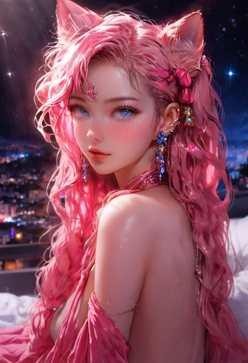 Browsing Caution,nude,8k，Very delicate and beautiful,Browsing Caution,nude,topless,Pussy,whole body Beautiful and realistic skin,Sparkling jewel earrings,Bedhead,Like sparkly white and pink hair,Beautiful Blue Eyes,Asian Cute Girl,whole body,Shining in the night sky、,Female masturbation