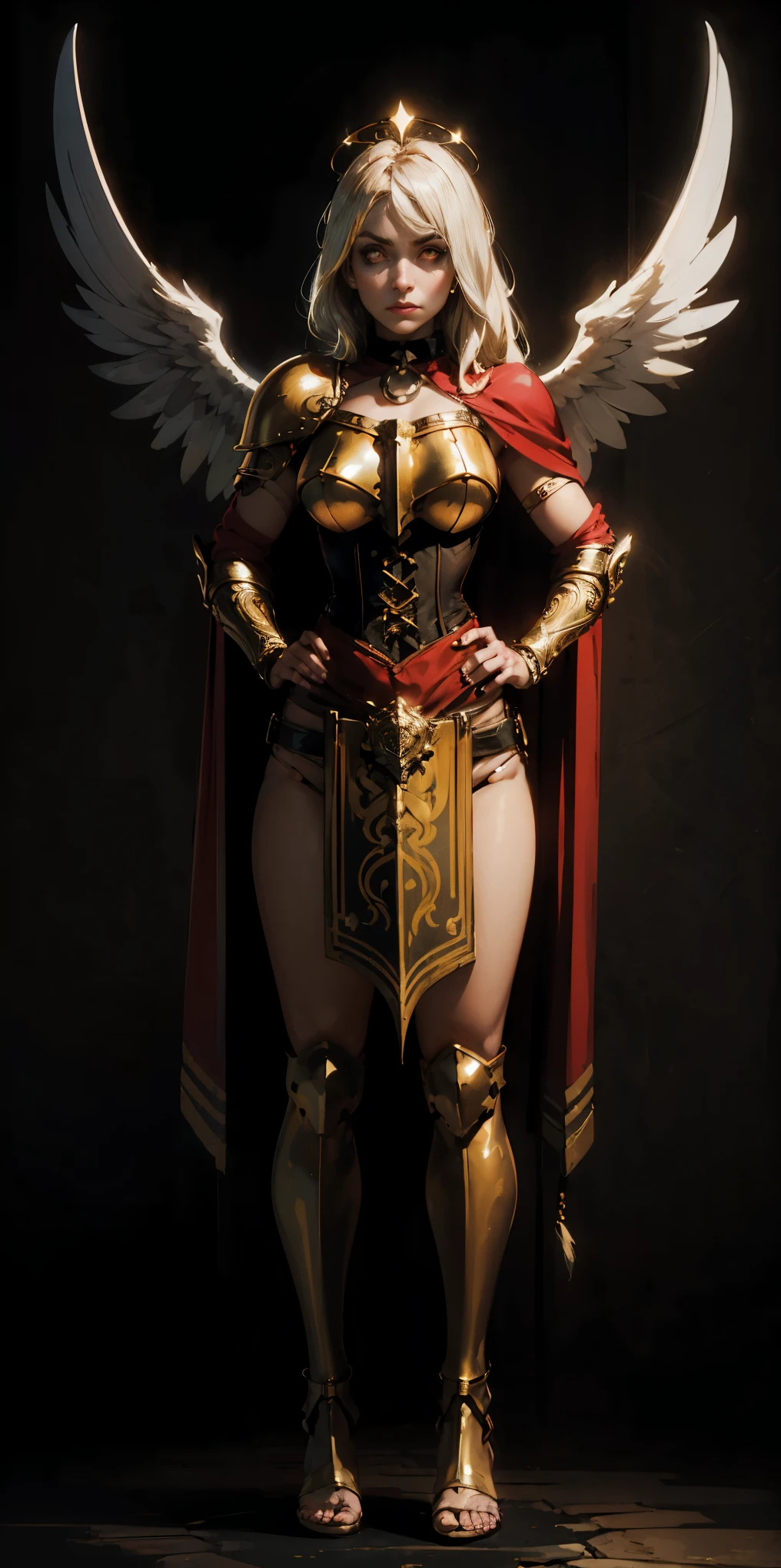 (Black background) paladin lady in ornate golden armor, long platinum blonde hair, choppy bangs, arched crescent eyebrows, sharp and determined eyes, a delicate oval face, a serious expression, black collar, pauldrons, breastplate, leather corset, glowing halo, red glowing eyes, bright pupils, eye focus, red cape (full body, whole body, 1solo girl) loincloth standing, hands on hips, metal sandals, leather choker, big belt, view from below, feet together, bracers, tiara, feathers angel wings