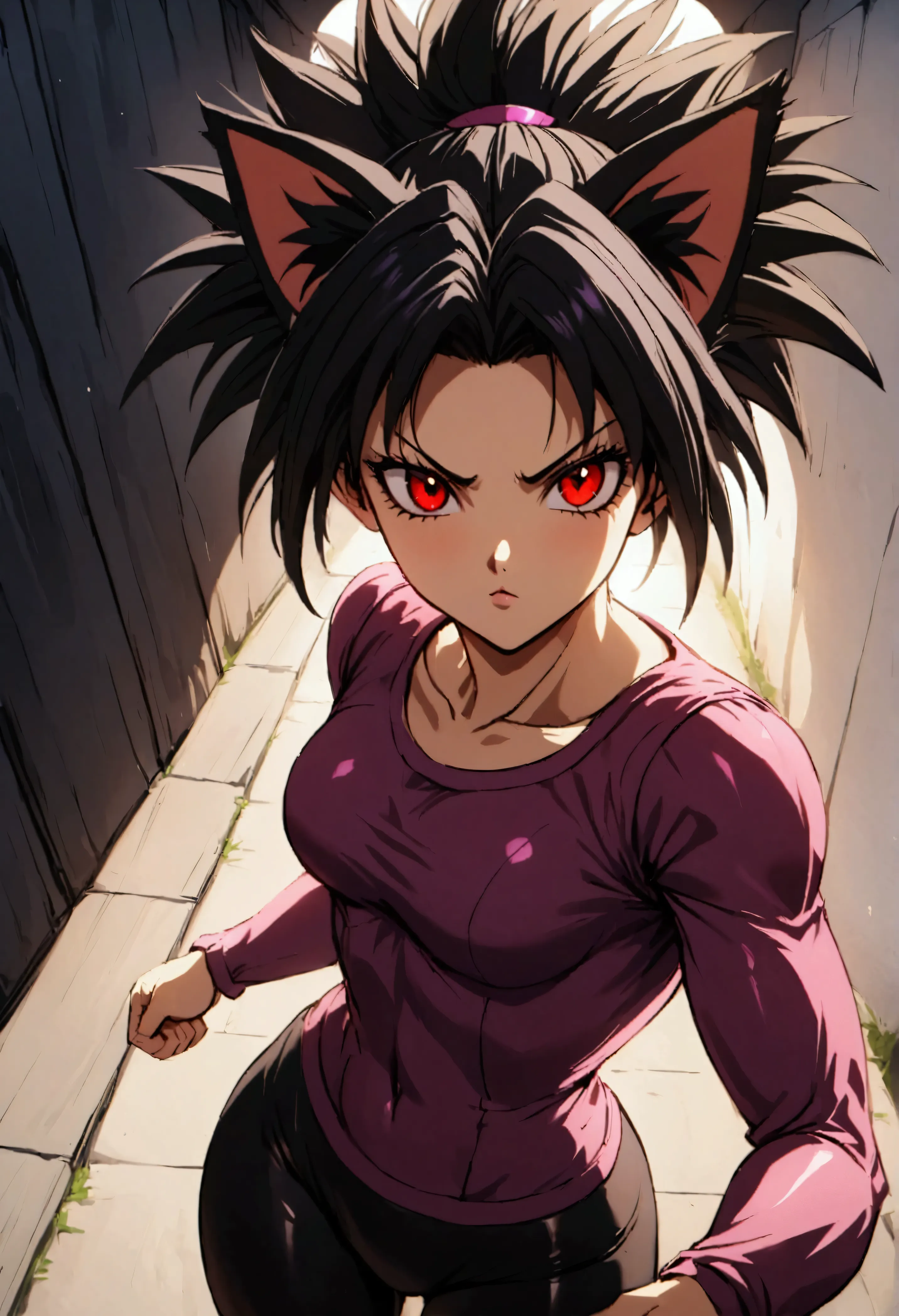 junkotvvxl kefla style with black hair up, cat ears, red eyes, with purple top and leggings, one punch man style