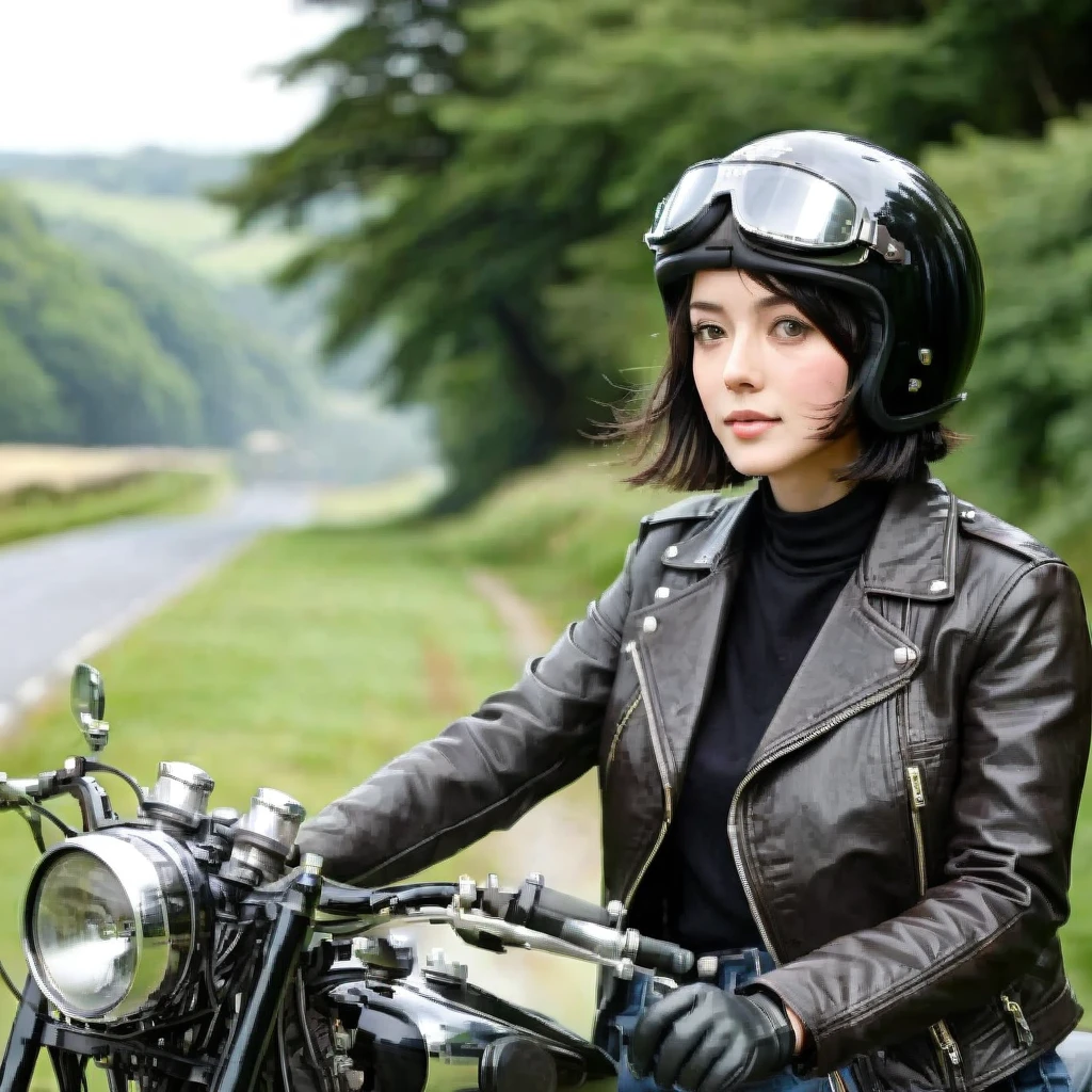 Bluff Superior SS100、(クラシックRiding on motorcycle )、(Vintage Bikes、Bluff Superior SS100)、Isle of Man Races、 (Riding on motorcycle:1.2), Beautiful young woman、1、Beautiful Face, Beautiful and delicate eyes, Black Hair, Short Bob Hair,  Classic Leather Jacket、Cromwell helmet with goggles、After the Rain、English countryside、 Detailed Description、(Highest quality, masterpiece, High resolution)、8k、wallpaper
