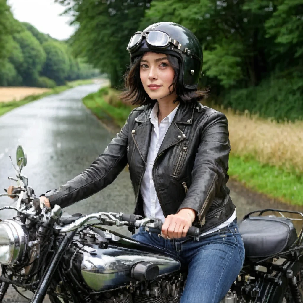 Bluff Superior SS100、(クラシックRiding on motorcycle )、(Vintage Bikes、Bluff Superior SS100)、Isle of Man Races、 (Riding on motorcycle:1.2), Beautiful young woman、1、Beautiful Face, Beautiful and delicate eyes, Black Hair, Short Bob Hair,  Classic Leather Jacket、Cromwell helmet with goggles、After the Rain、English countryside、 Detailed Description、(Highest quality, masterpiece, High resolution)、8k、wallpaper
