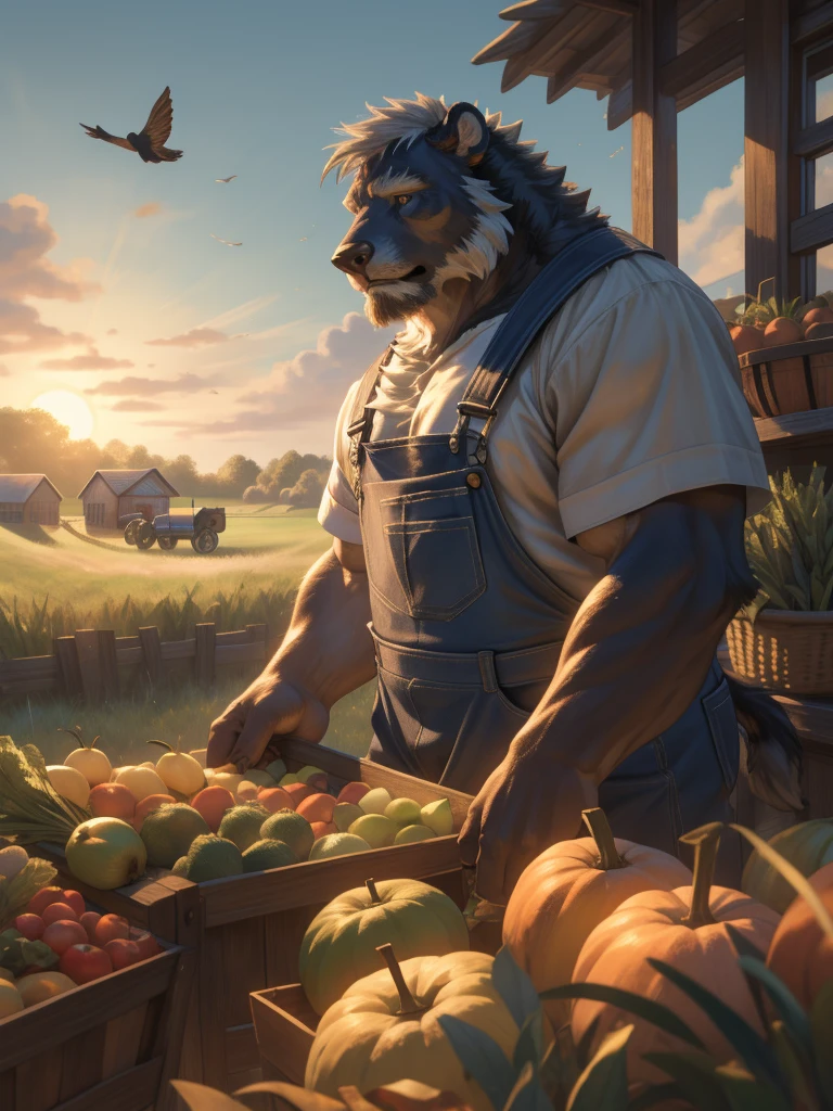 (best quality,4k,8k,highres,masterpiece:1.2),ultra-detailed,(realistic,photorealistic,photo-realistic:1.37),massive muscular, hyper muscular, bodybuilder, pectoal, thick arms, hyperc pec, huge muscular furry bull,old,white bearded,working as farmer,fruits,old man,illustration,textured painting,dramatic lighting,vibrant colors,farm landscape,weathered skin,wrinkles,leather overalls,baskets of fresh fruits,green fields,farmhouse in the background,bushy eyebrows,strong arms,weathered hands,haystacks,cart packed with vegetables,fertile soil,hardworking expression,crows flying in the sky,lush vegetation,scenic countryside,sun-kissed,grizzled hair,cracked ground,bountiful harvest.