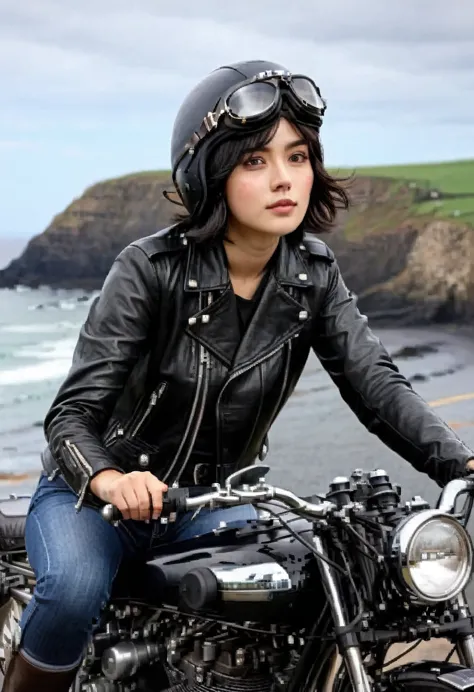 (クラシックriding on motorcycle )、(vintage bikes、bluff superior ss100)、 (riding on motorcycle:1.2), beautiful young woman、1、beautiful...