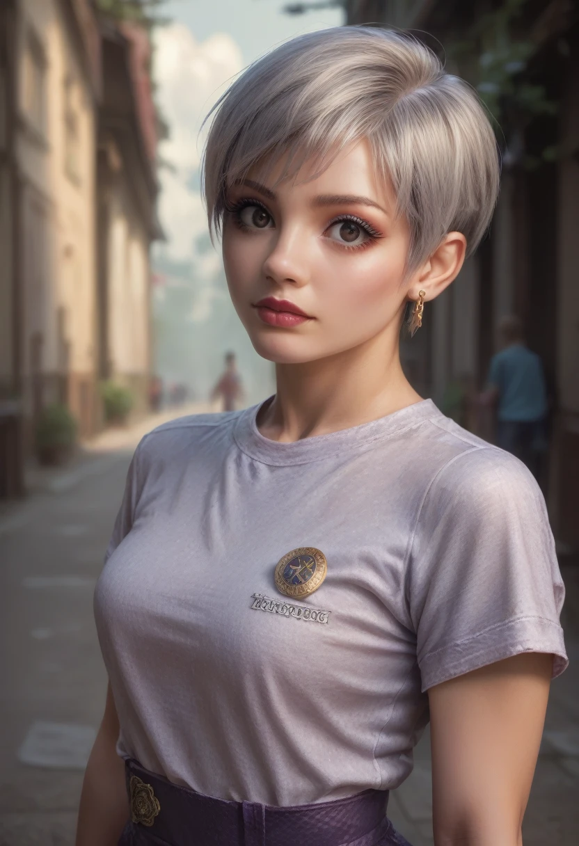 (best quality, masterpiece), 1girl, beautiful girl, brown_eyes, ((hair color [Silver hair], [pixie cut with bangs] hair)), earrings, lips, short sleeves,realistic, narrow waist, charming, colorful makeup, long eyelashes, fair skin, (cute), (detailed face), detailed eyes, detailed iris, 