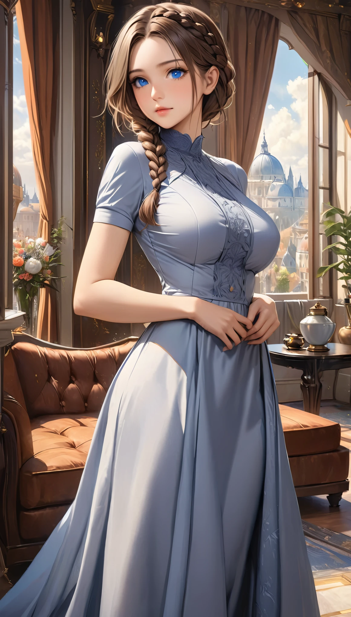 masterpiece, highest quality, ultra detailed, realistic, beautiful european girl, supermodel face, early 20s, blue eyes, brown hair, braided hair, slim body, large breasts, modest dress, fantasy setting, fancy room background