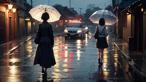 the back view of a girl hurrying home in the evening, in a light rain. walking with an umbrella.