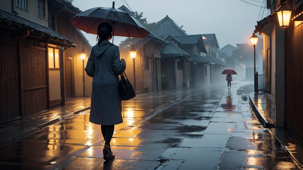 The back view of a girl hurrying home in the evening, in a light rain. Walking with an umbrella.