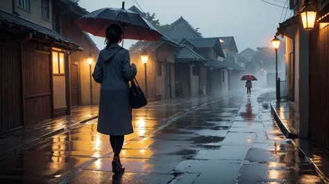 the back view of a girl hurrying home in the evening, in a light rain. walking with an umbrella.