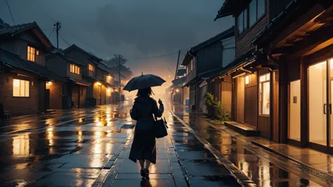 the back view of a girl hurrying home in the evening, in a light rain. walking with an umbrella.