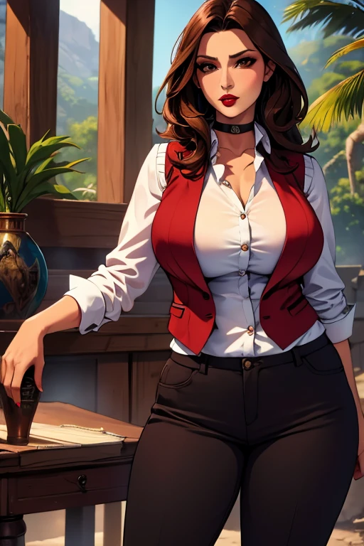 The woman, (((shirt, shirt, vest, best, pants))), Boots, Cuba in the background, jungle, Very detailed, Realistic long-term photography, 4k, by the wide, brown hair, By the chestnut, Red lips, choker, shocks, sexy,red lips, brown eyes, big breasts, big breasts, breasts, Lucia Auditore